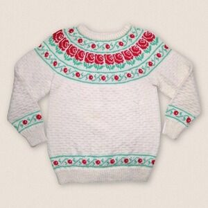 Vintage Cottagecore Grandma Roses Floral Fair Isle White Sweater - Size Medium